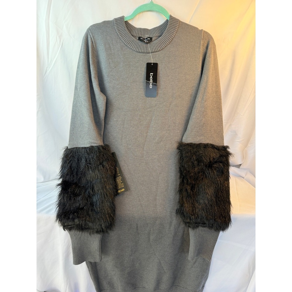 Bebe Faux Fur Cuff Sweater Dress Charcoal Grey Women's XXL READ measurement NWT